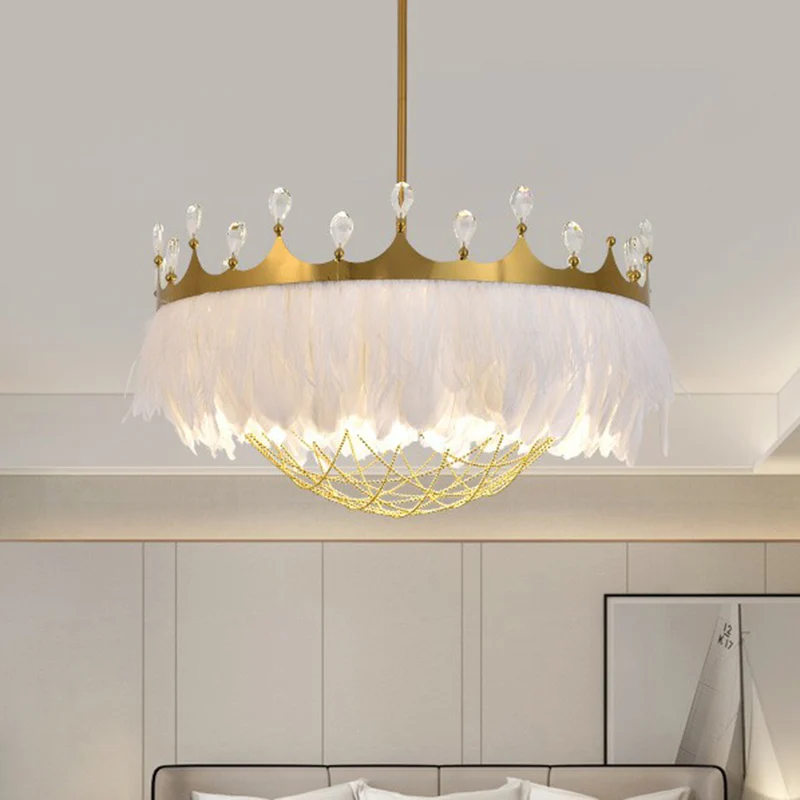 Artistieke Kroonvormige Plafondlamp Veer 1��Hoofd Meisjes Slaapkamer Hanglamp met Kettingnet en Kristal Clearhalo