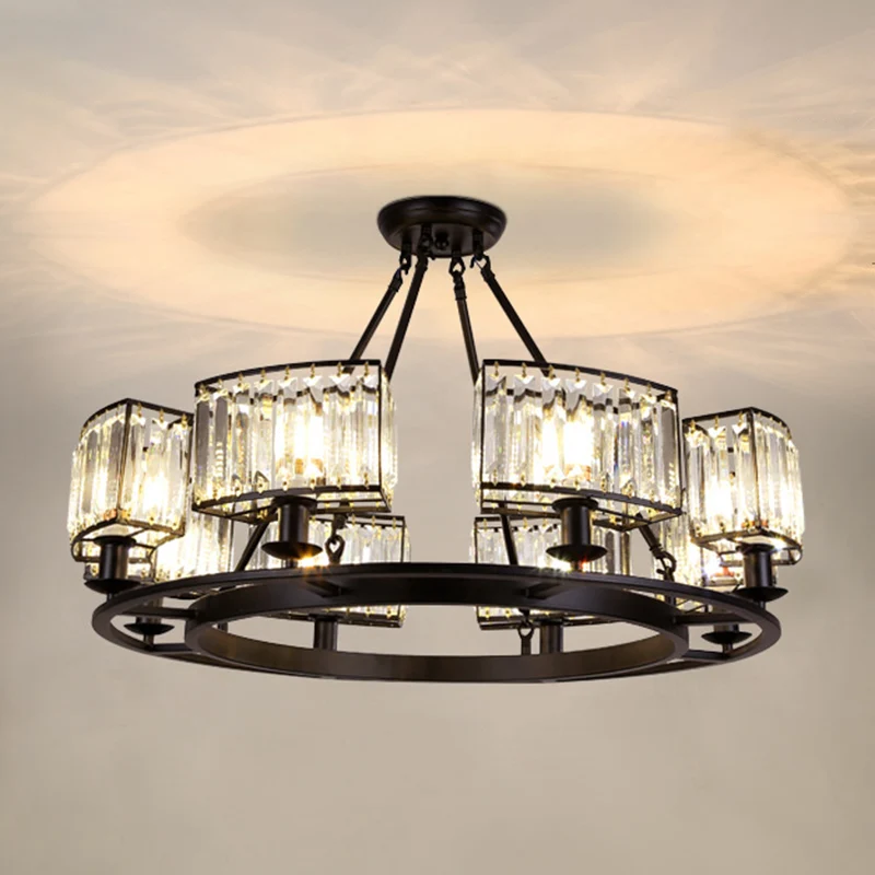 Artistieke ringvormige hanglamp Helder kristallen woonkamerkroonluchter zwart Clearhalo