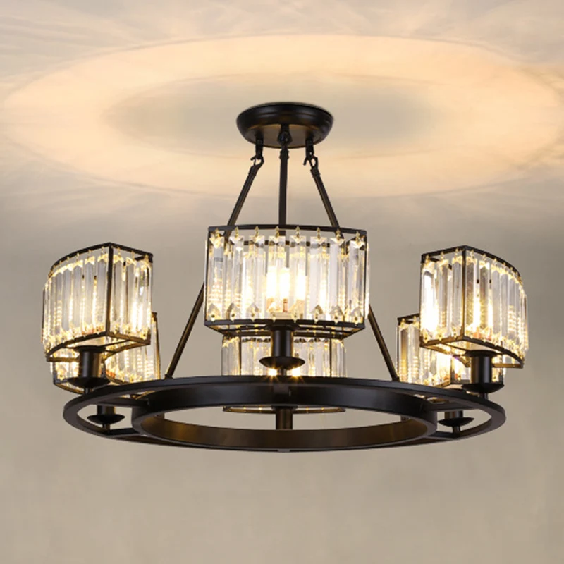 Artistieke ringvormige hanglamp Helder kristallen woonkamerkroonluchter zwart Clearhalo
