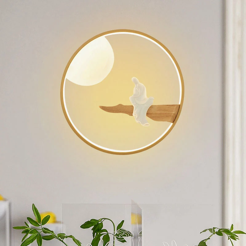 Asia Buddha houten muurschildering lichtarmatuur LED-wandlamp zwart/beige voor nachtkastje Clearhalo