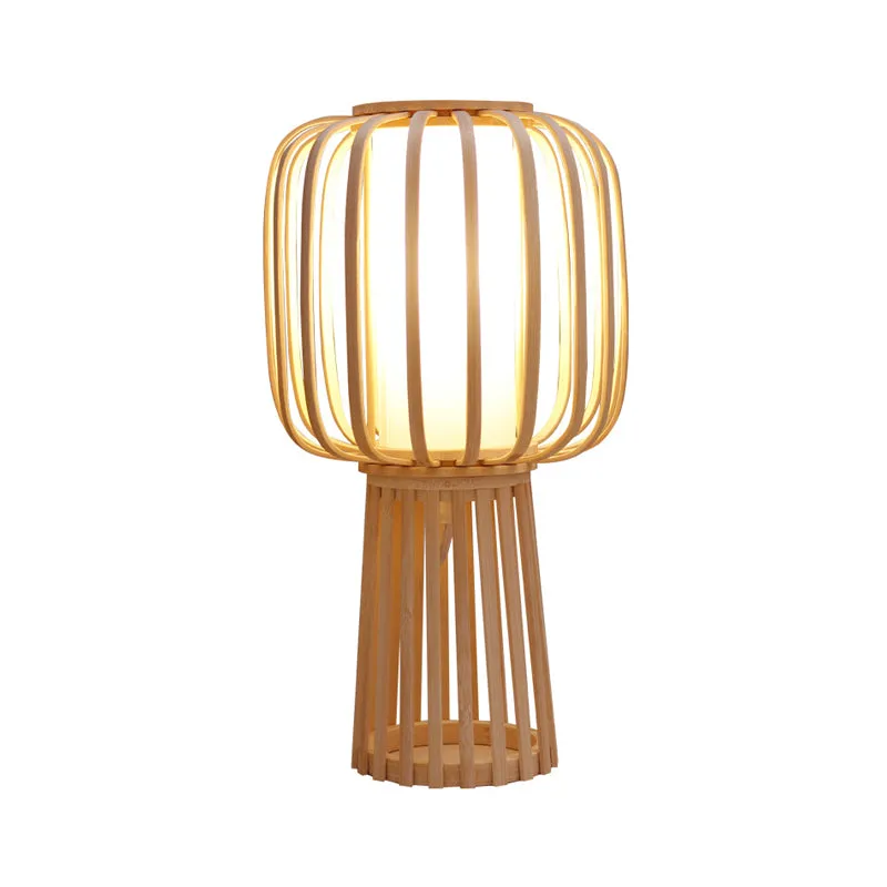 Asia Drum Task Lamp Bamboe 1-lamps bureaulamp van hout met witte binnenbuis van perkamenten kap Clearhalo