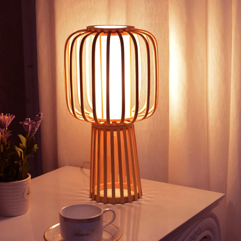 Asia Drum Task Lamp Bamboe 1-lamps bureaulamp van hout met witte binnenbuis van perkamenten kap Clearhalo