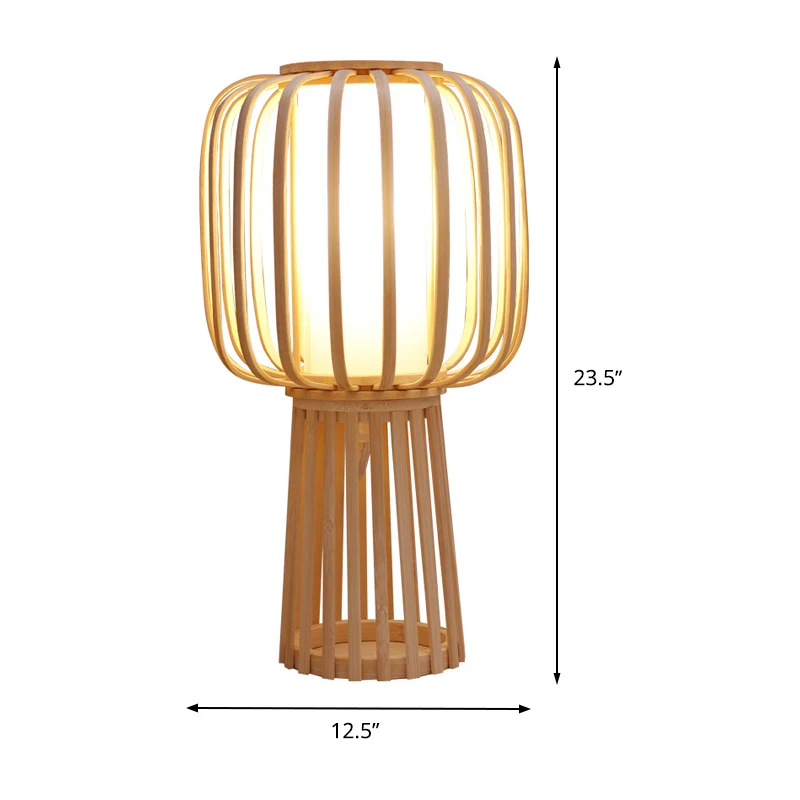 Asia Drum Task Lamp Bamboe 1-lamps bureaulamp van hout met witte binnenbuis van perkamenten kap Clearhalo