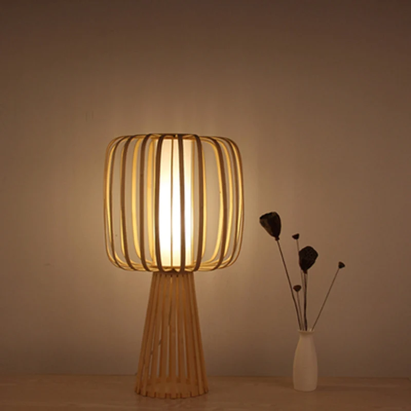 Asia Drum Task Lamp Bamboe 1-lamps bureaulamp van hout met witte binnenbuis van perkamenten kap Clearhalo