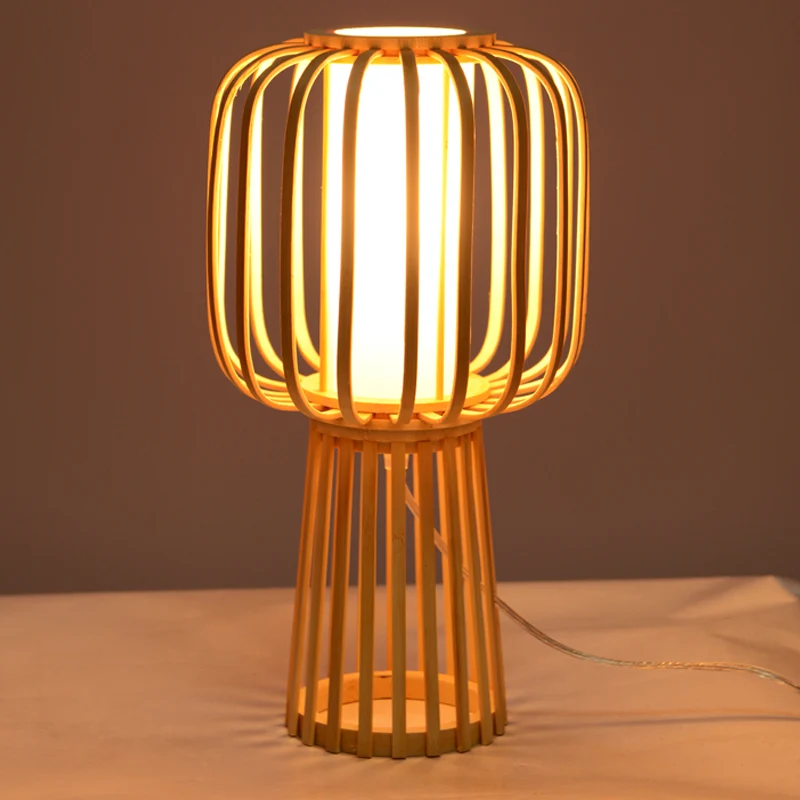 Asia Drum Task Lamp Bamboe 1-lamps bureaulamp van hout met witte binnenbuis van perkamenten kap Clearhalo
