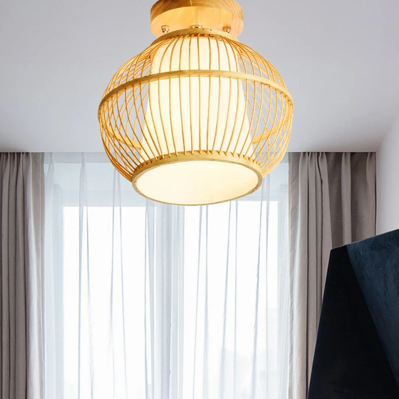 Aziatisch 1-kops semi-inbouw licht houten bolvormig plafondarmatuur met bamboe kap Clearhalo