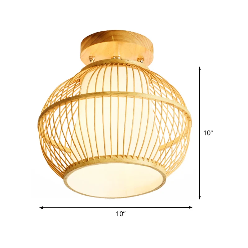 Aziatisch 1-kops semi-inbouw licht houten bolvormig plafondarmatuur met bamboe kap Clearhalo