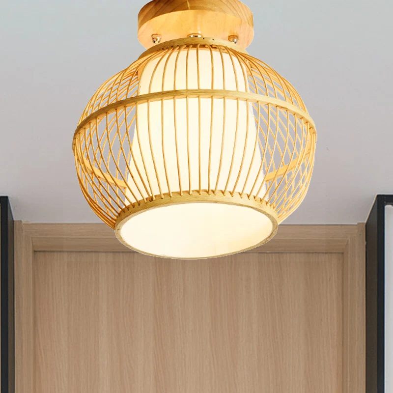 Aziatisch 1-kops semi-inbouw licht houten bolvormig plafondarmatuur met bamboe kap Clearhalo