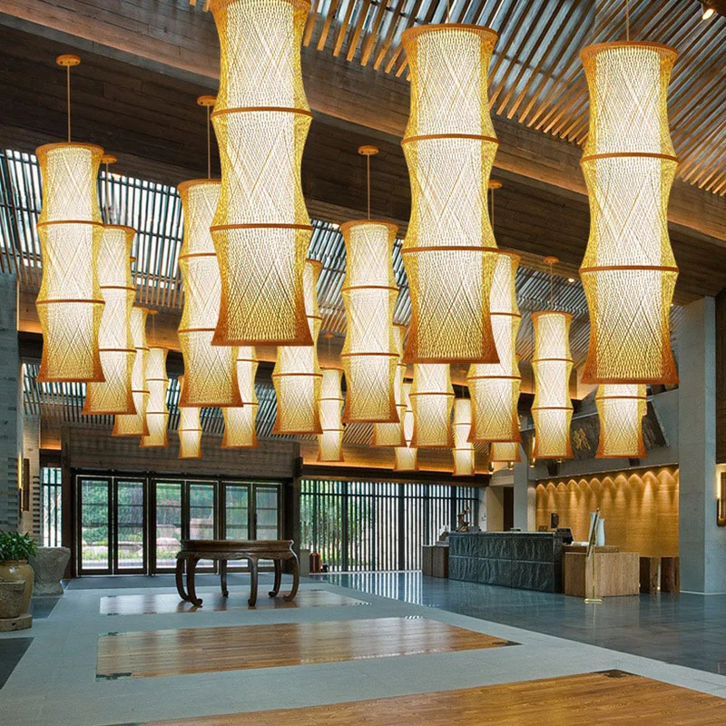 Aziatische 1-lichts plafondlamp van hout, vissenvaldraad, hanglamp met rotan kap Clearhalo
