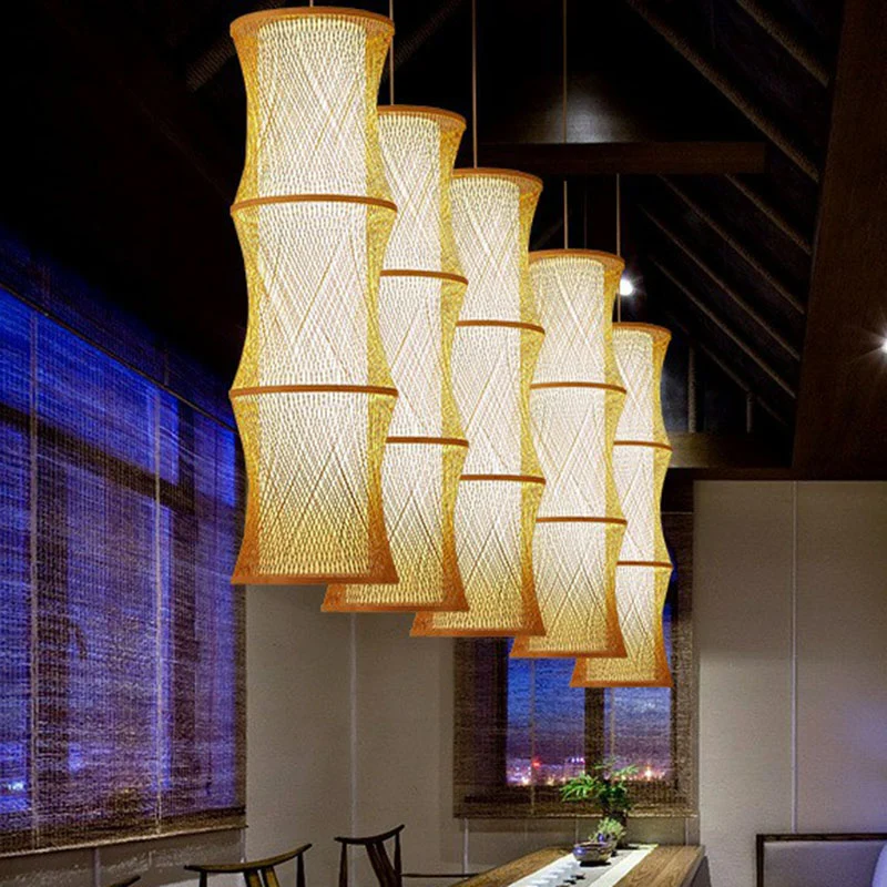 Aziatische 1-lichts plafondlamp van hout, vissenvaldraad, hanglamp met rotan kap Clearhalo