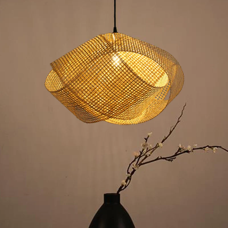 Aziatische handgemaakte hangende hanglamp rotan 16"/19,5" W 1-lichts binnenplafondlamp met gedraaid ontwerp beige Clearhalo