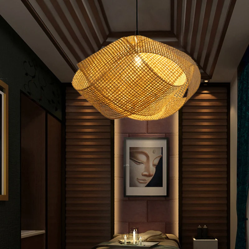 Aziatische handgemaakte hangende hanglamp rotan 16"/19,5" W 1-lichts binnenplafondlamp met gedraaid ontwerp beige Clearhalo