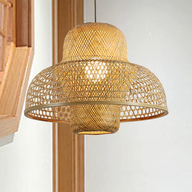 Aziatische hanglamp met 1 kop, handgemaakte hanglamp van vlas met bamboe kap Clearhalo