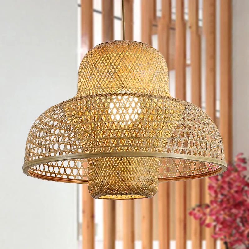 Aziatische hanglamp met 1 kop, handgemaakte hanglamp van vlas met bamboe kap Clearhalo