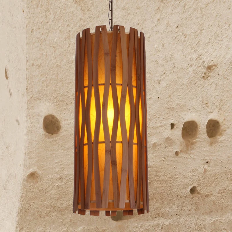 Aziatische stijl cilinder plafond hanglamp houten restaurant hanglamp met enkele lamp kaki Clearhalo