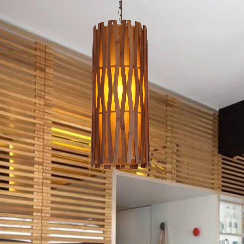 Aziatische stijl cilinder plafond hanglamp houten restaurant hanglamp met enkele lamp kaki Clearhalo