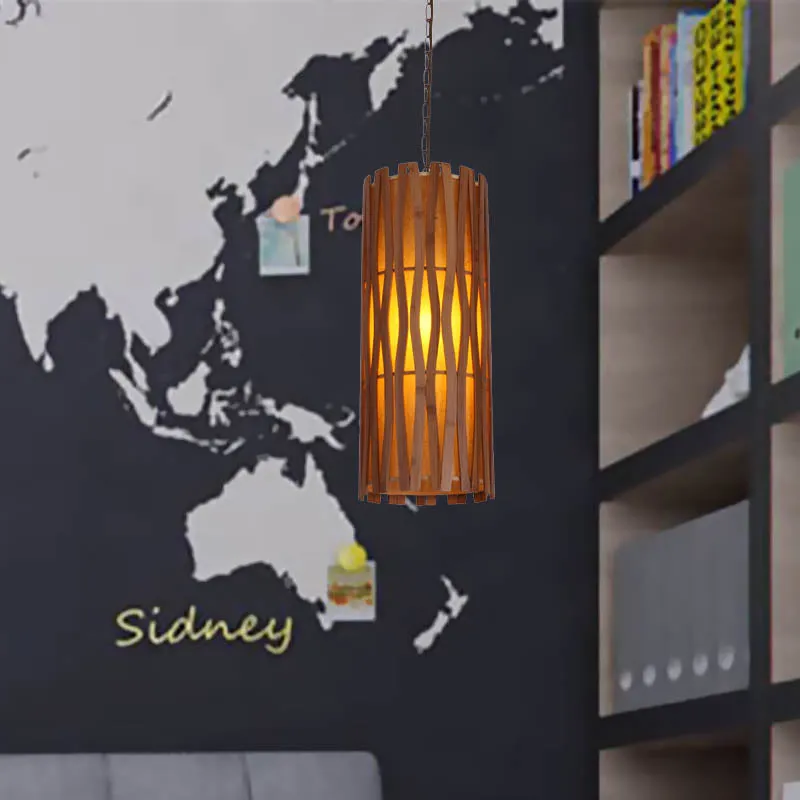 Aziatische stijl cilinder plafond hanglamp houten restaurant hanglamp met enkele lamp kaki Clearhalo