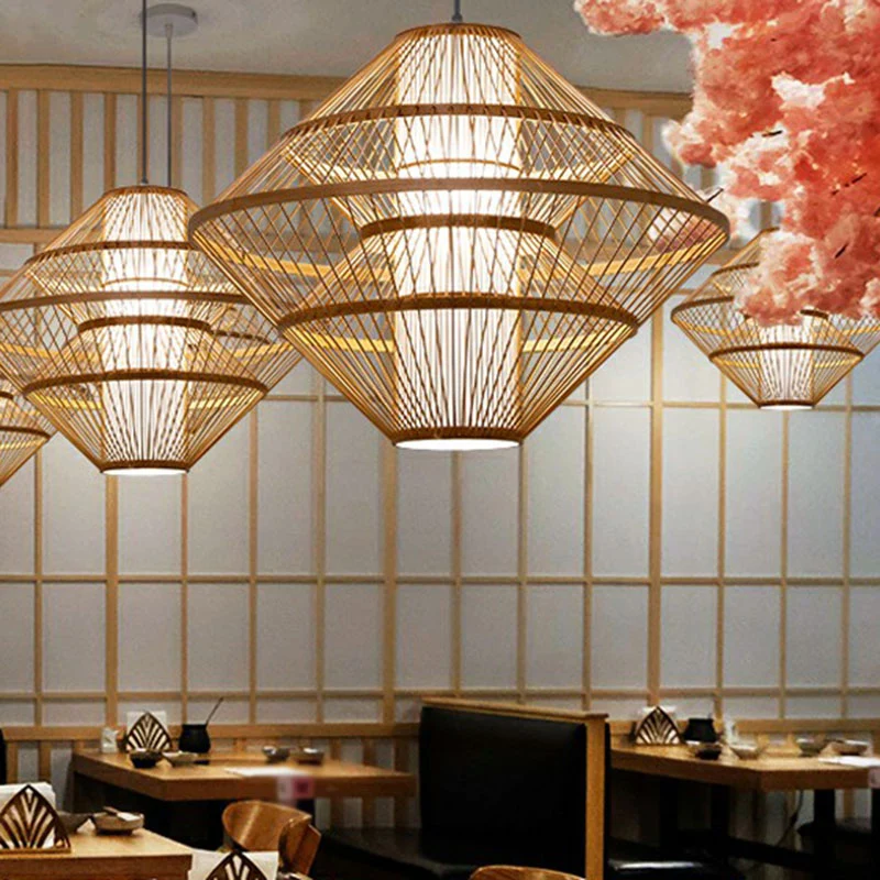 Aziatische stijl gelaagde schaduw plafondlamp bamboe 1-lamp theesalon hangend lichtarmatuur Clearhalo