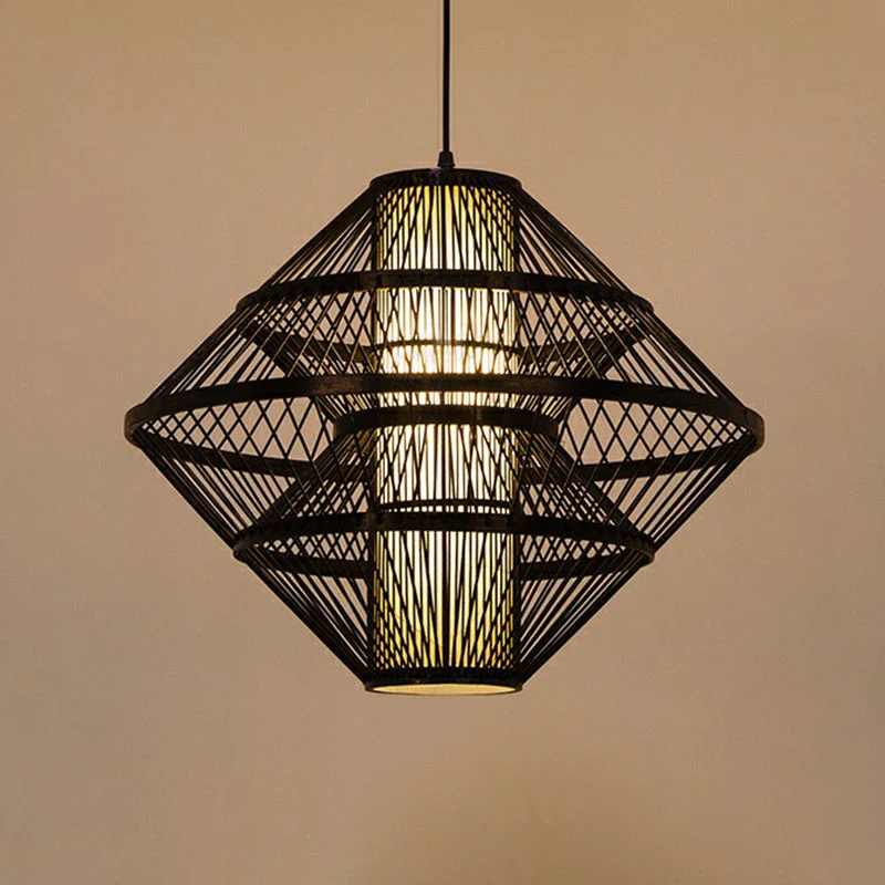 Aziatische stijl gelaagde schaduw plafondlamp bamboe 1-lamp theesalon hangend lichtarmatuur Clearhalo