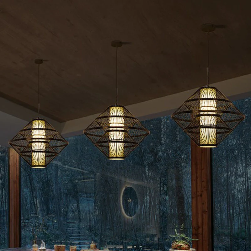 Aziatische stijl gelaagde schaduw plafondlamp bamboe 1-lamp theesalon hangend lichtarmatuur Clearhalo