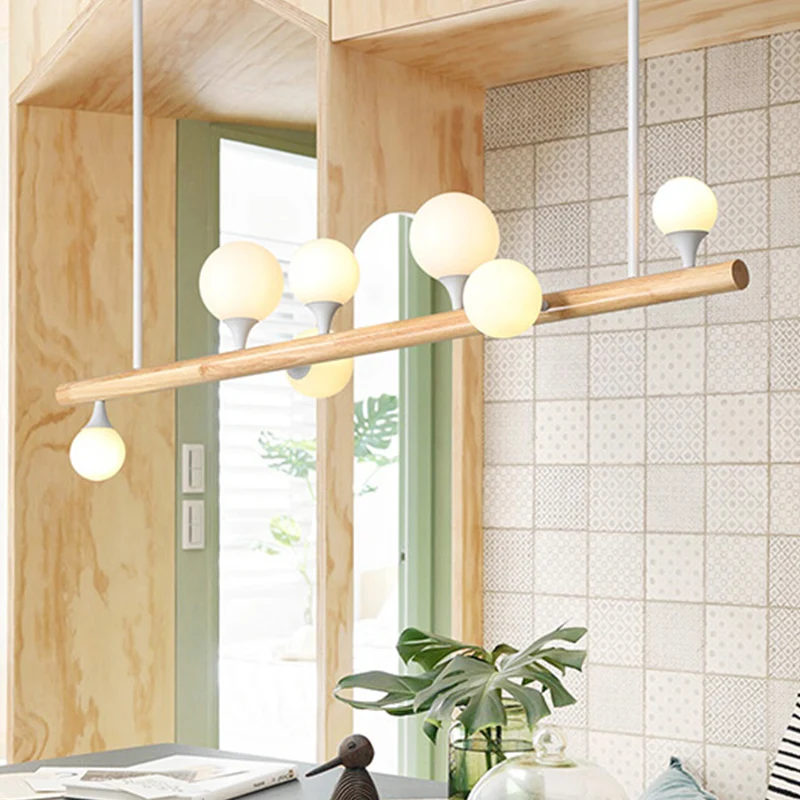 Aziatische stijl lineaire houten hangende verlichting 5/7 lampen LED-eilandlamp beige voor eetkamer Clearhalo