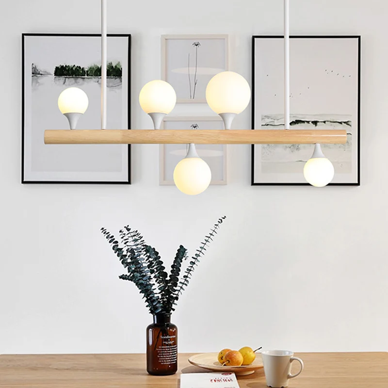 Aziatische stijl lineaire houten hangende verlichting 5/7 lampen LED-eilandlamp beige voor eetkamer Clearhalo