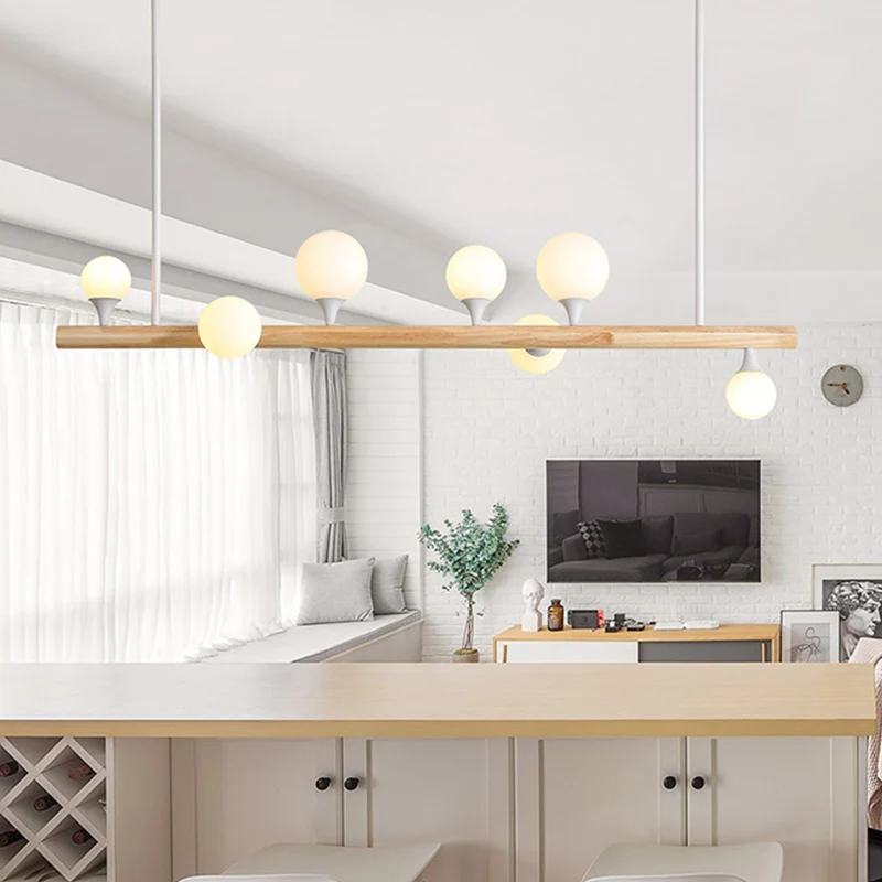 Aziatische stijl lineaire houten hangende verlichting 5/7 lampen LED-eilandlamp beige voor eetkamer Clearhalo