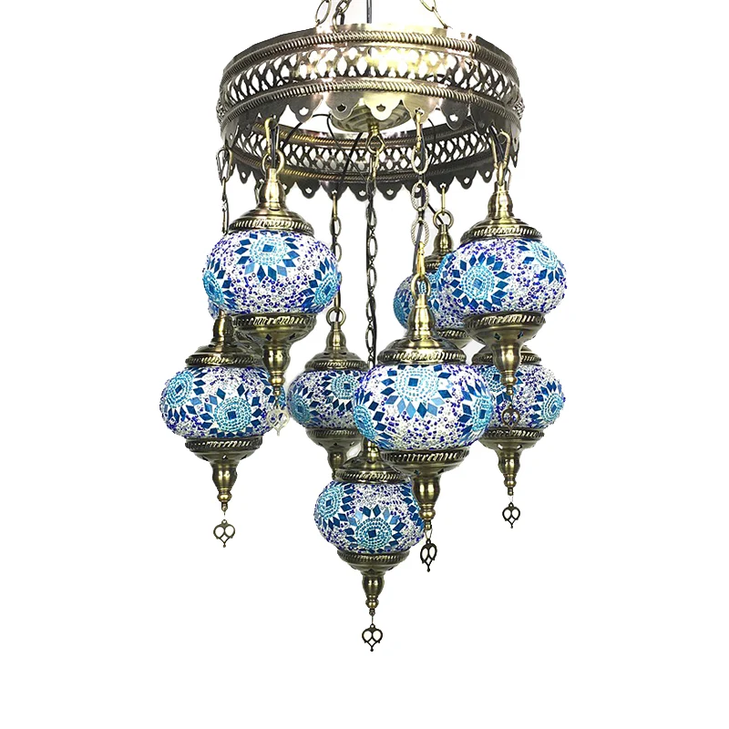 Bal Hangende Kroonluchter Traditioneel Hemelsblauw/Groen/Koningsblauw Glas 9 Hoofden Plafondlamp Armatuur voor Woonkamer C...