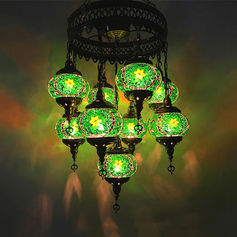 Bal Hangende Kroonluchter Traditioneel Hemelsblauw/Groen/Koningsblauw Glas 9 Hoofden Plafondlamp Armatuur voor Woonkamer C...