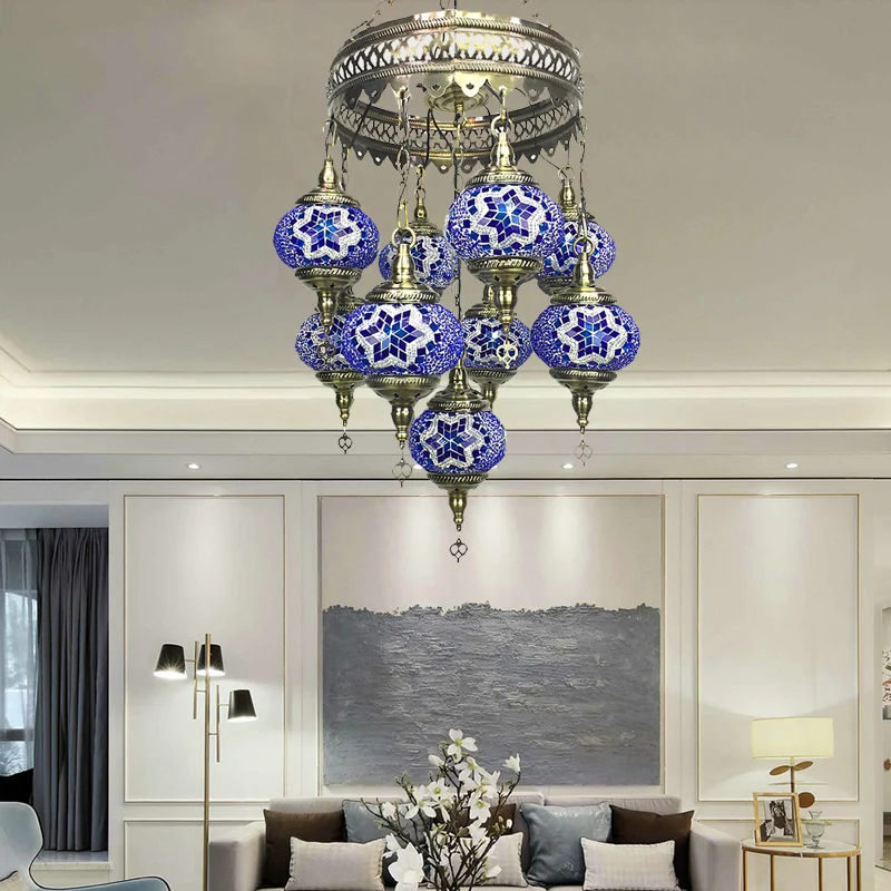 Bal Hangende Kroonluchter Traditioneel Hemelsblauw/Groen/Koningsblauw Glas 9 Hoofden Plafondlamp Armatuur voor Woonkamer C...