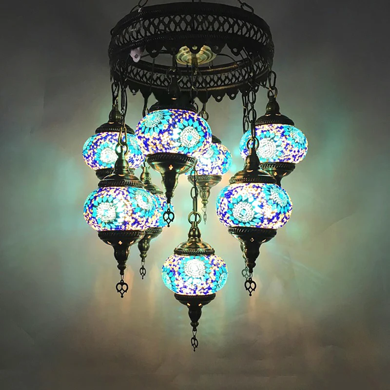 Bal Hangende Kroonluchter Traditioneel Hemelsblauw/Groen/Koningsblauw Glas 9 Hoofden Plafondlamp Armatuur voor Woonkamer C...