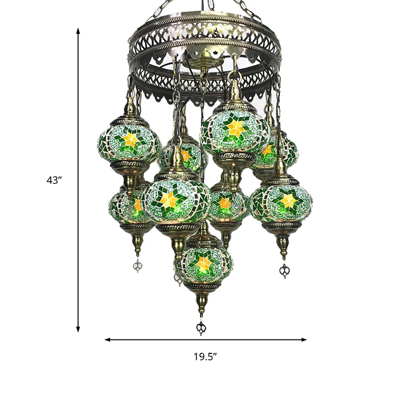 Bal Hangende Kroonluchter Traditioneel Hemelsblauw/Groen/Koningsblauw Glas 9 Hoofden Plafondlamp Armatuur voor Woonkamer C...