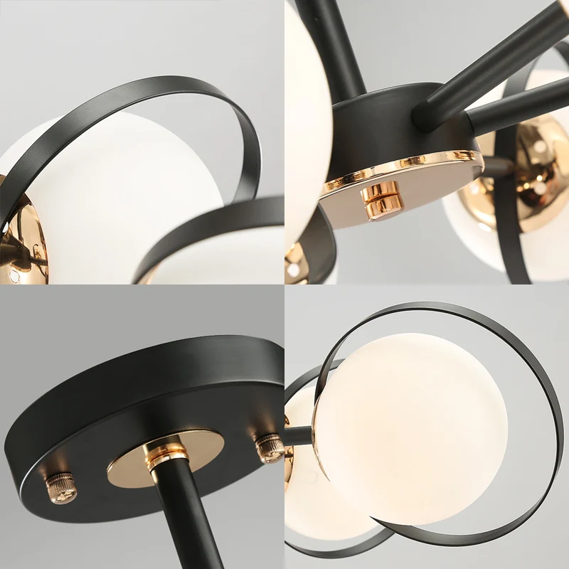 Bal witte glazen kroonluchterverlichting met radiaal ontwerp modernistisch 3/6 lichts zwart hangend plafondlamparmatuur Cl...