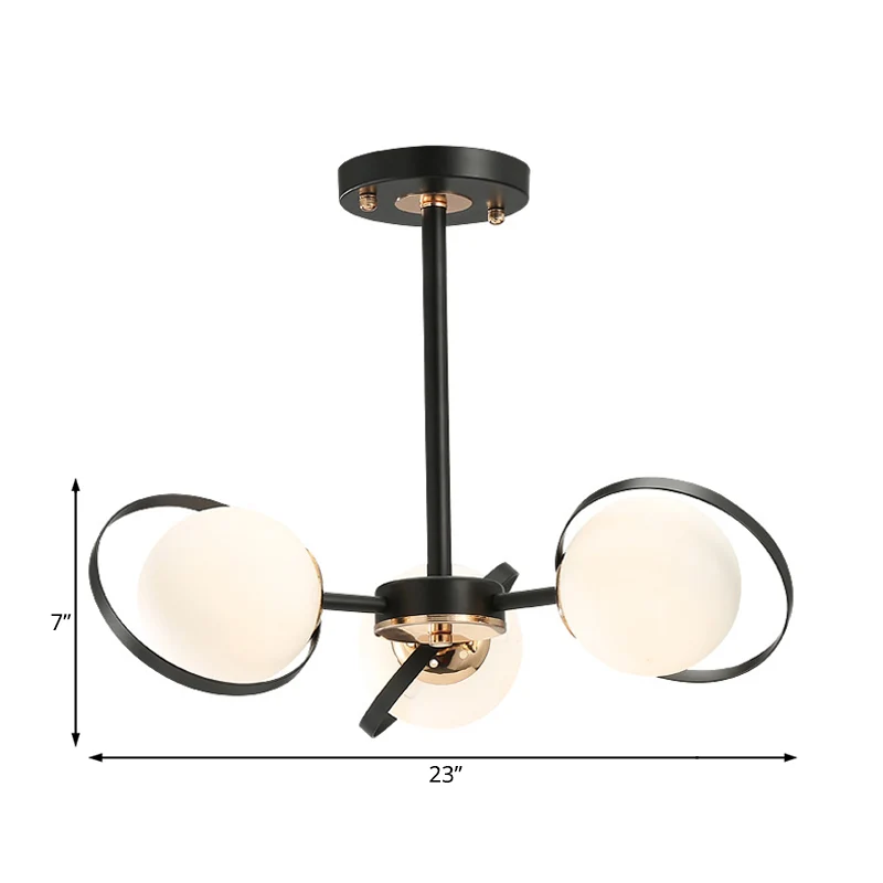 Bal witte glazen kroonluchterverlichting met radiaal ontwerp modernistisch 3/6 lichts zwart hangend plafondlamparmatuur Cl...