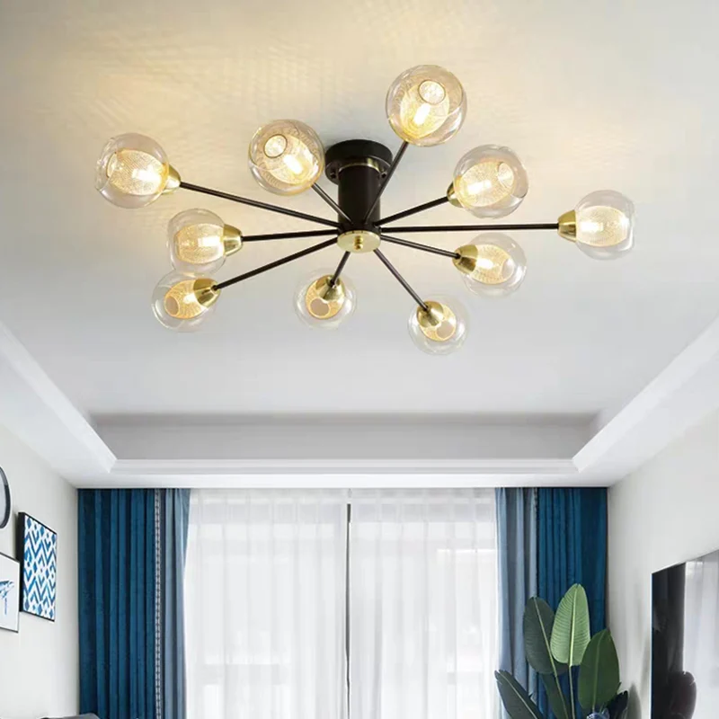 Ball Amber Glass Semi Flush Lighting Modernist 10 Heads Zwarte plafondinbouwlamp met radiaal ontwerp Clearhalo
