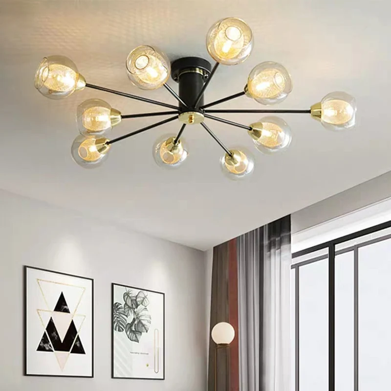 Ball Amber Glass Semi Flush Lighting Modernist 10 Heads Zwarte plafondinbouwlamp met radiaal ontwerp Clearhalo