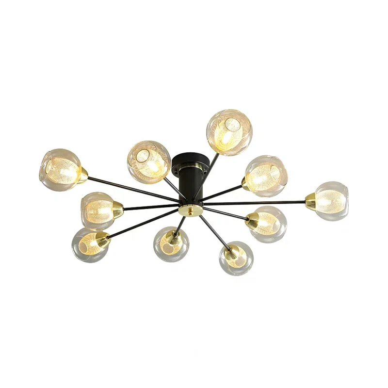 Ball Amber Glass Semi Flush Lighting Modernist 10 Heads Zwarte plafondinbouwlamp met radiaal ontwerp Clearhalo