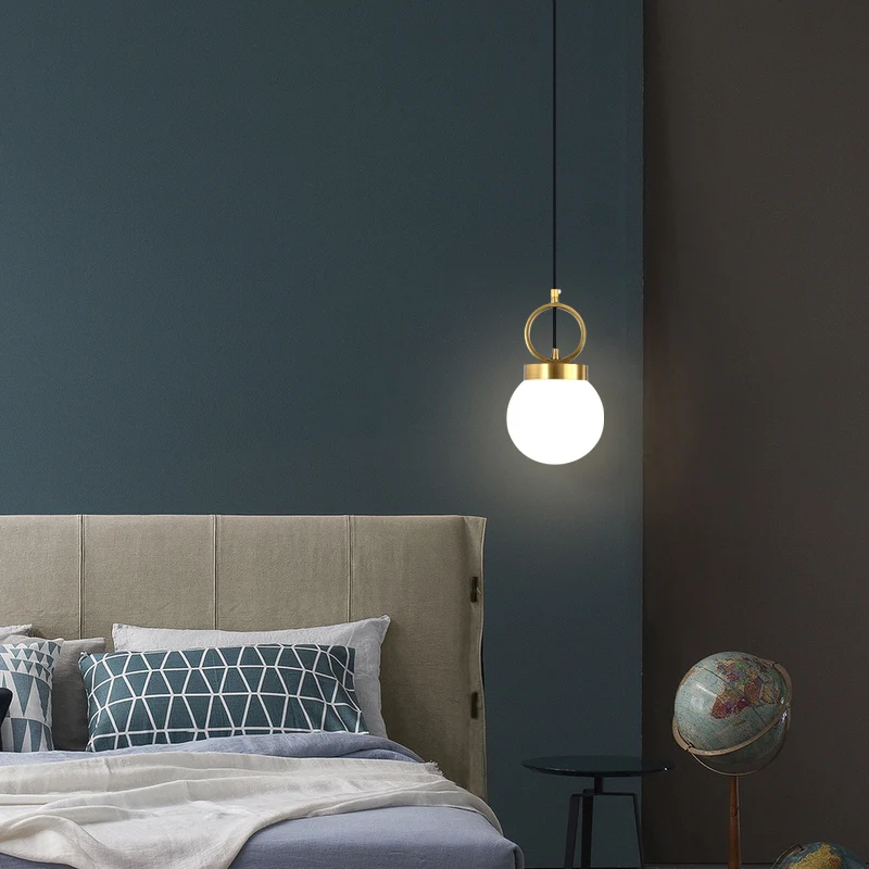 Ball Pendulum Light Simple Opal Glass Single Eetkamerhanglamp met gouden ringtop Clearhalo