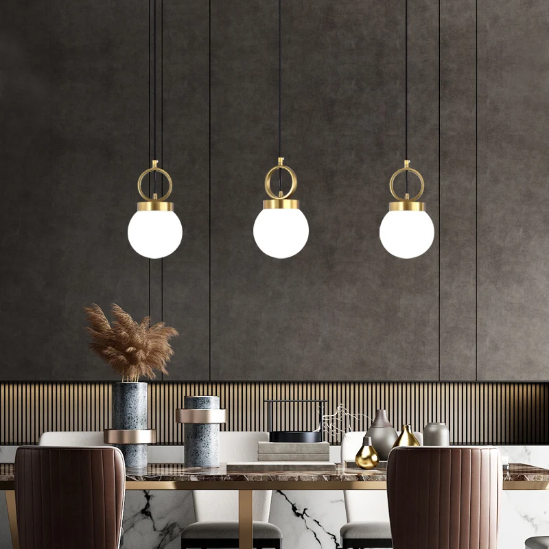 Ball Pendulum Light Simple Opal Glass Single Eetkamerhanglamp met gouden ringtop Clearhalo
