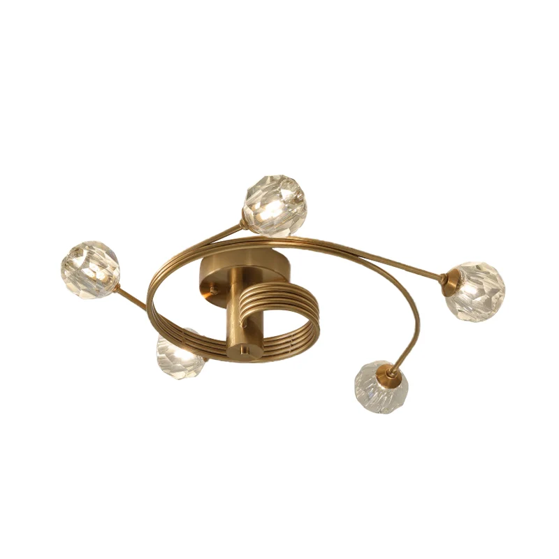 Ball semi-inbouw traditioneel geslepen kristal 5-kops goudkleurige plafondmontagelamp met gebogen metalen arm Clearhalo