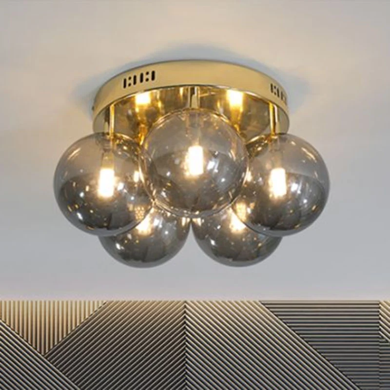Ball Smoke Grey Glass Plafondlamp Postmodern 5-lichts goudkleurige semi-inbouwlamp Clearhalo