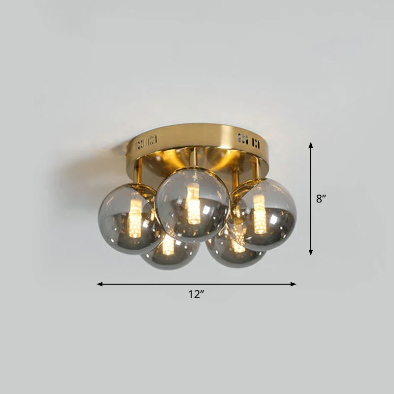 Ball Smoke Grey Glass Plafondlamp Postmodern 5-lichts goudkleurige semi-inbouwlamp Clearhalo