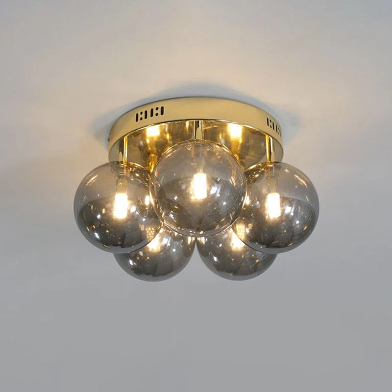 Ball Smoke Grey Glass Plafondlamp Postmodern 5-lichts goudkleurige semi-inbouwlamp Clearhalo