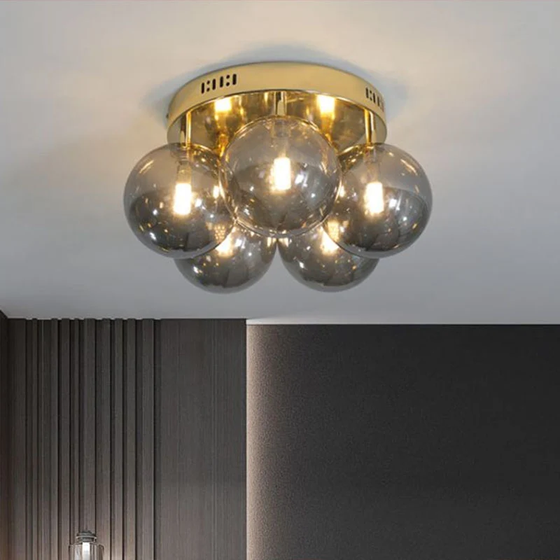Ball Smoke Grey Glass Plafondlamp Postmodern 5-lichts goudkleurige semi-inbouwlamp Clearhalo