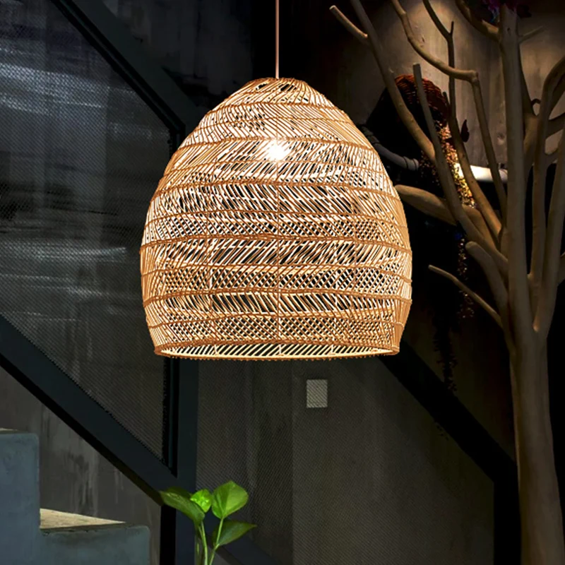Bamboe Cloche Hanglampset Tropisch 1 Kop 14"/18" Brede Beige Hangende Verlichtingsarmatuur Clearhalo
