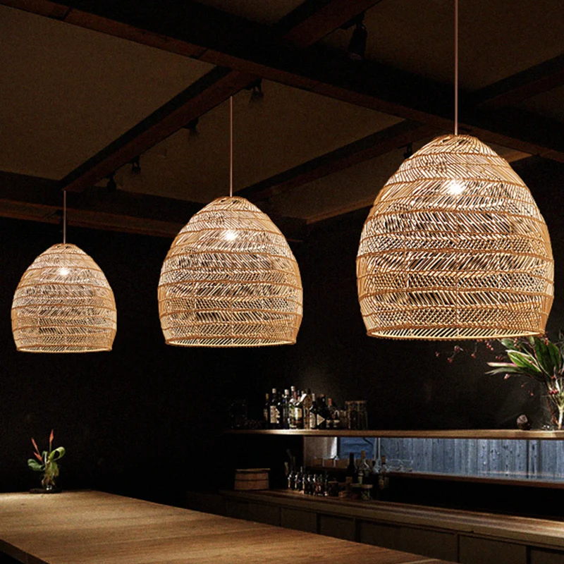 Bamboe Cloche Hanglampset Tropisch 1 Kop 14"/18" Brede Beige Hangende Verlichtingsarmatuur Clearhalo