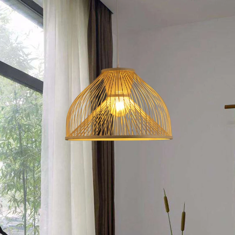 Bamboe Dome Suspension Hanglamp Eigentijds 1 Kops Houten Hangende Plafondlamp Clearhalo
