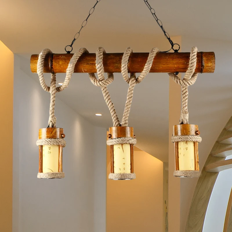 Bamboe eilandlamp met hangend touw Loft Rustieke drievoudige hangende plafondlamp Clearhalo