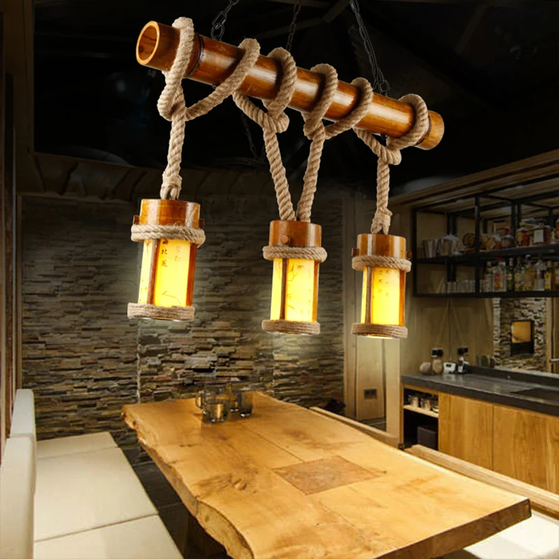 Bamboe eilandlamp met hangend touw Loft Rustieke drievoudige hangende plafondlamp Clearhalo