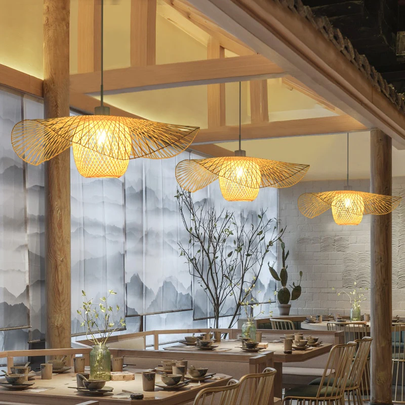 Bamboe handgeweven ophangverlichting Minimalistische 1-kops houten hangende plafondlamp voor restaurant Clearhalo